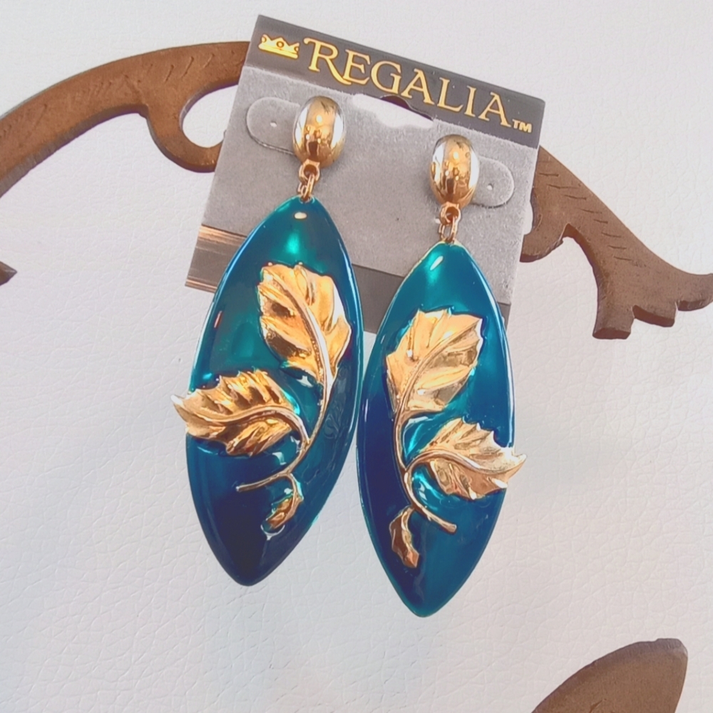 Regalia Earrings, Lustrous Blue Enamel Gold Tone Leaves & Stud Posts 3"